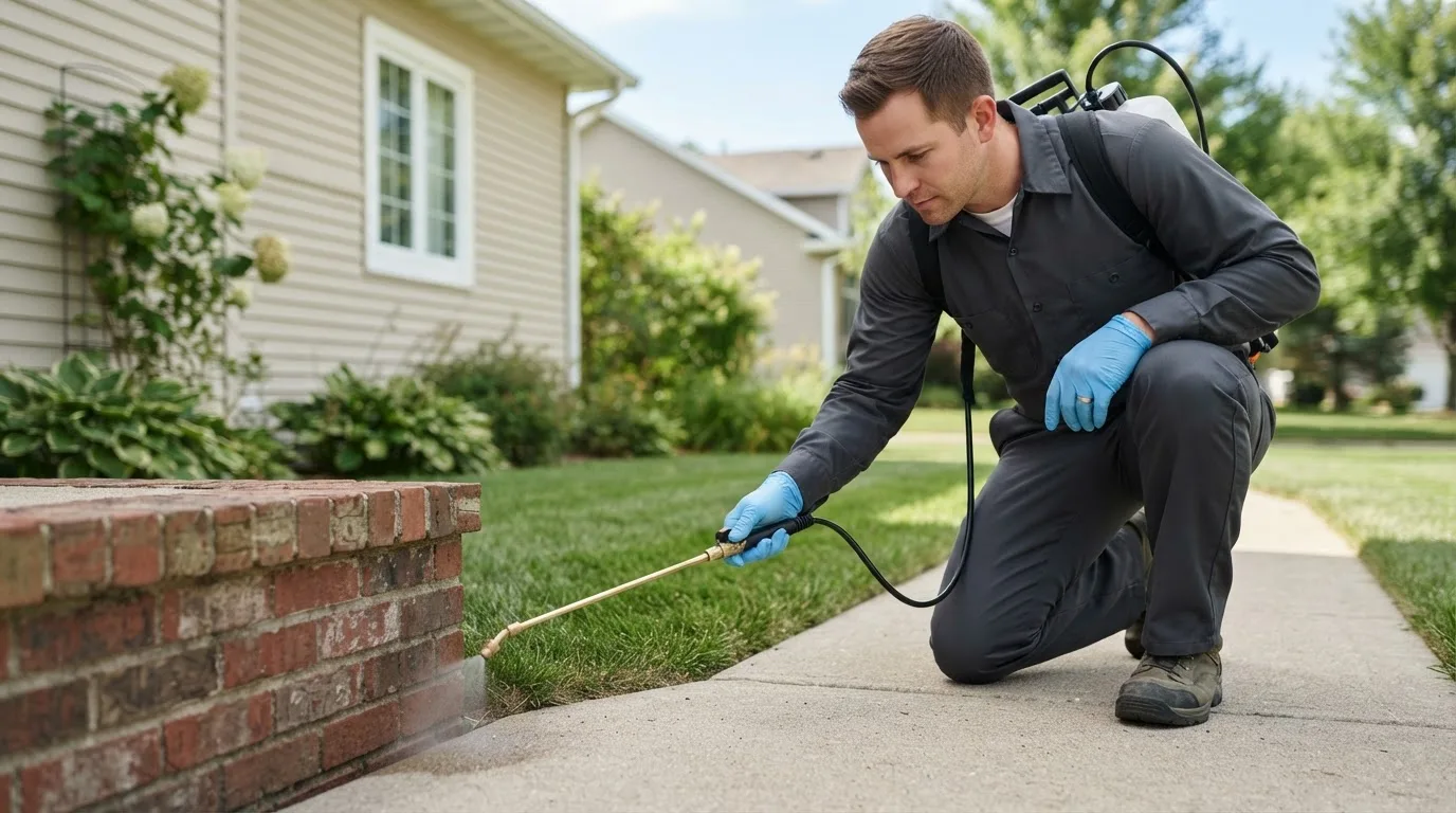 Pest control technician treating a home near Lehi, UT